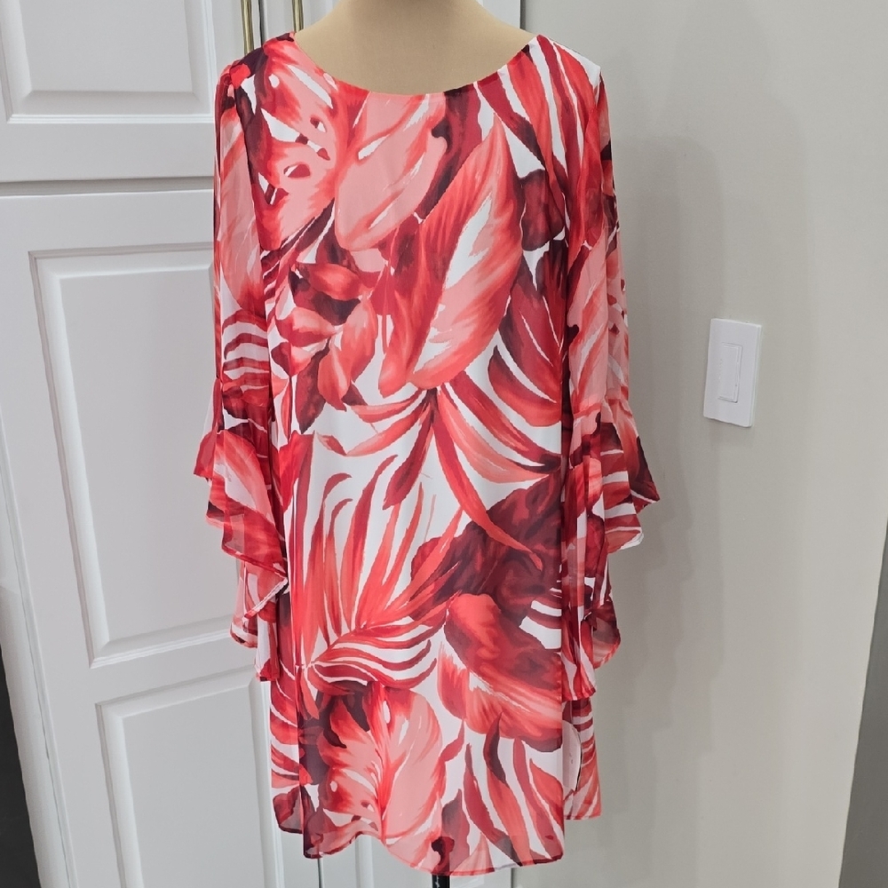 Connected Apparel Bold Red and White Patterned Dress